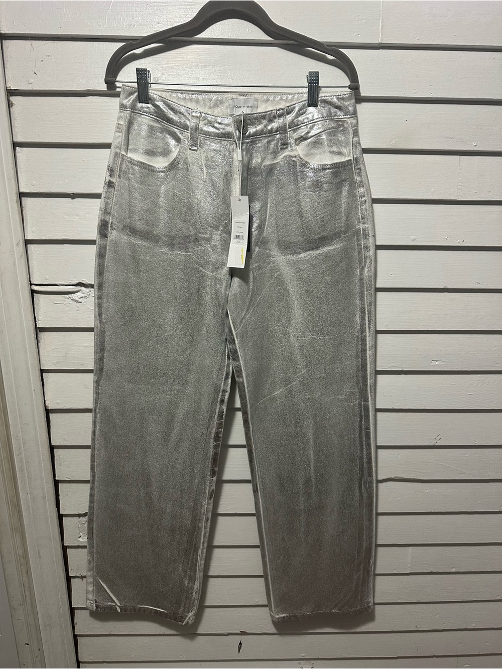 Silver Metallic Straight-Leg Women’s Jeans fourth &bay size8 foiled denim